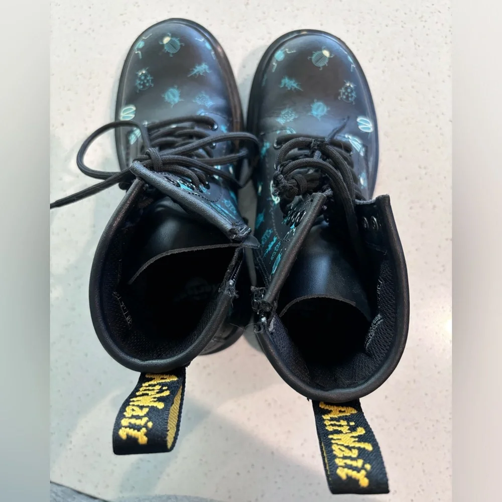 Dr. Martens Kids Black Boots with Teal Bug Print